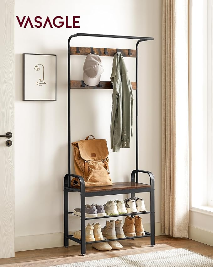 VASAGLE 6-Tier Bookshelf, Tall Display Shelf, Freestanding Storage Shelf, Rustic Brown ULBC61BX Coat Rack, Hall Tree with Shoe Bench for Entryway, Rustic Brown and Black UHSR40B