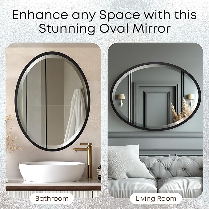 OVALCREST - Oval Wooden Beveled Wall Mirror for Home Decor, Bathroom, Vanity, Bedroom, Living Room, Hallway - London Style (Matte Black) 31.1 x 41.1