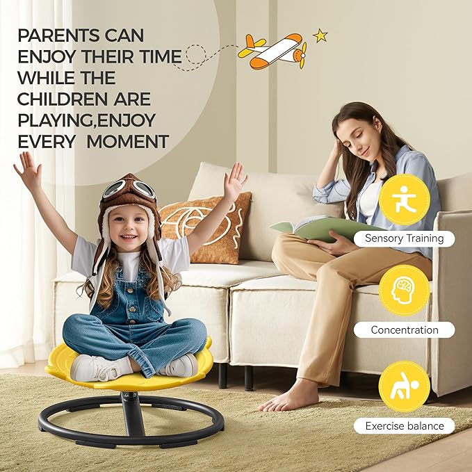 Swivel Chair for Kids, 360° Spinning Seat, Toddler Sit and Spin Wobble Chair, Sensory Balance Toys, Autism ADHD Chairs, Play Equipment Relief Motion Sickness for Boys Girls (Yellow)