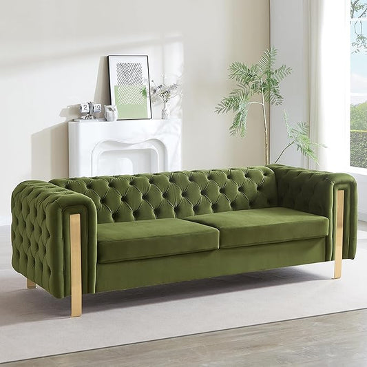 Merax Comfy 3-seat Sofa with Tufted Back and Arm and Gold Iron Legs, Modern Couch for Living Room, Bedroom, Apartment, Office, Green