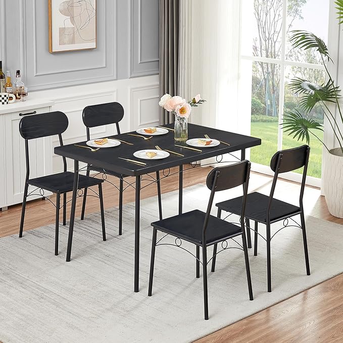 VECELO Dining Table Set for 4, 5 Piece Dinette with Chairs for Kitchen, Breakfast Nook and Small Space, Black
