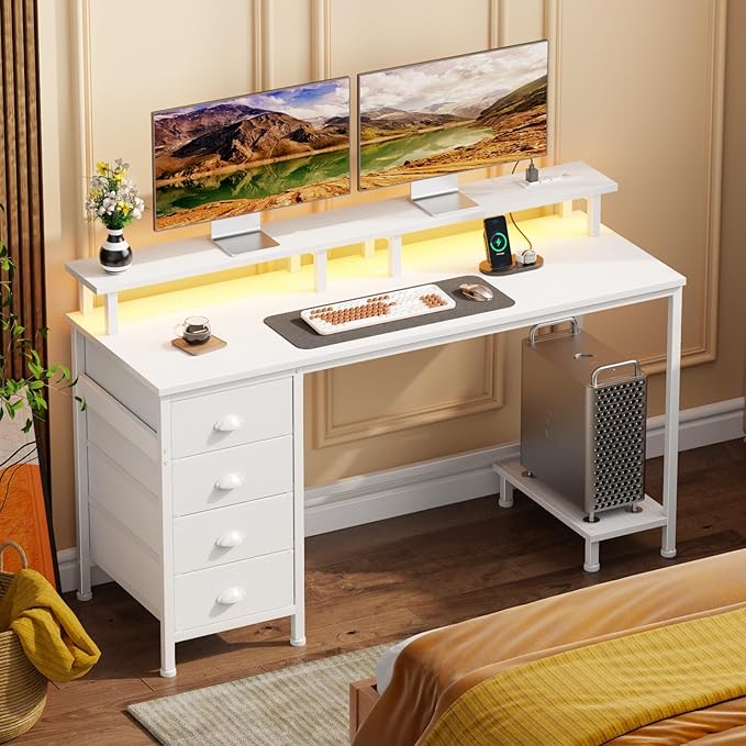 Furologee 47" White Computer Desk with 4 Fabric Drawers & Monitor Stand, Gaming Desk with Power Outlets - LED Lights, Home Office Space-Saving Study Table for Bedroom Small Spaces