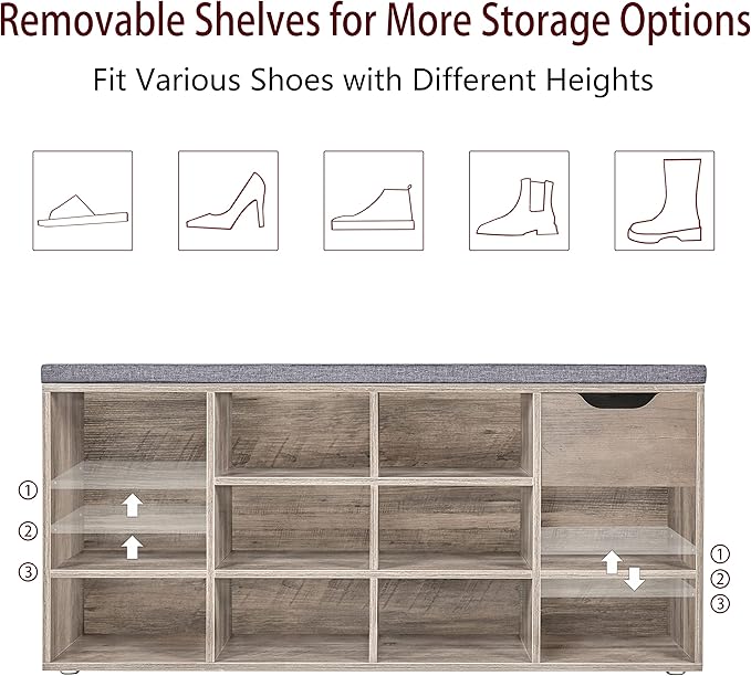 DINZI LVJ Shoe Bench, Entryway Storage Bench with Drawer and 11 Cubbies, Cubby Shoe Rack with Adjustable Shelves, Organizer Cabinet for Living Room, Bedroom, Mudroom, Closet and Garage, Greige