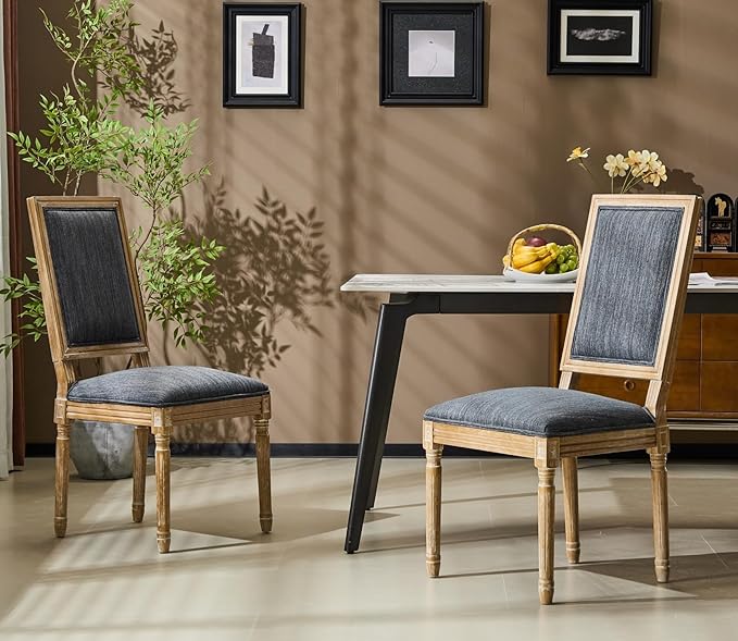 Merax Upholstered Solid Wood Dining Chairs Set of 2, French Country Style Accent Side Seating Furniture for Kitchen, Living Room, Cushioned Back, Blue Gray
