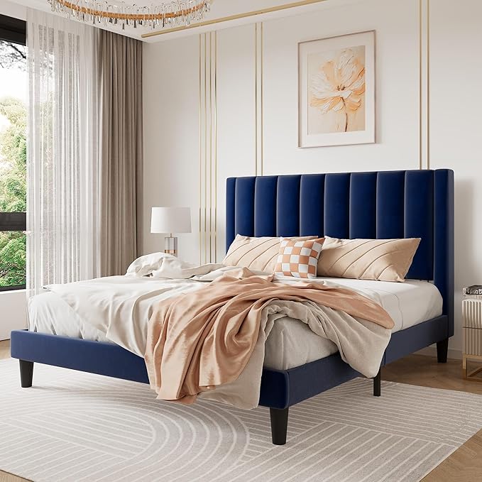 SHA CERLIN Queen Bed Frame/Velvet Upholstered Platform Bed Frame with Headboard/Strong Wood Slats Support/Mattress Foundation/No Box Spring Needed - Dark Blue
