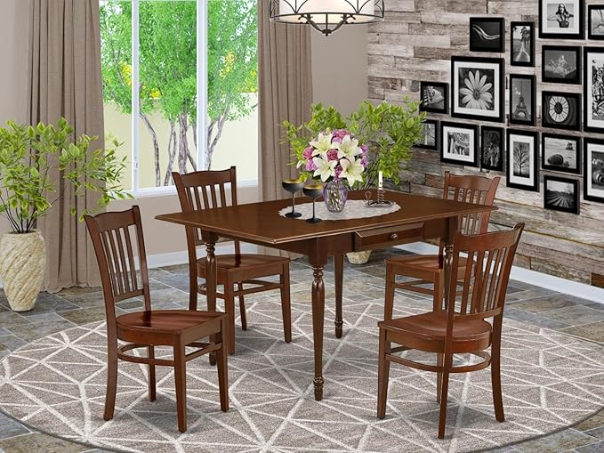 East West Furniture MZGR5-MAH-W 5 Piece Modern Dining Table Set Includes a Rectangle Wooden Table with Dropleaf and 4 Dining Room Chairs, 36x54 Inch, Mahogany