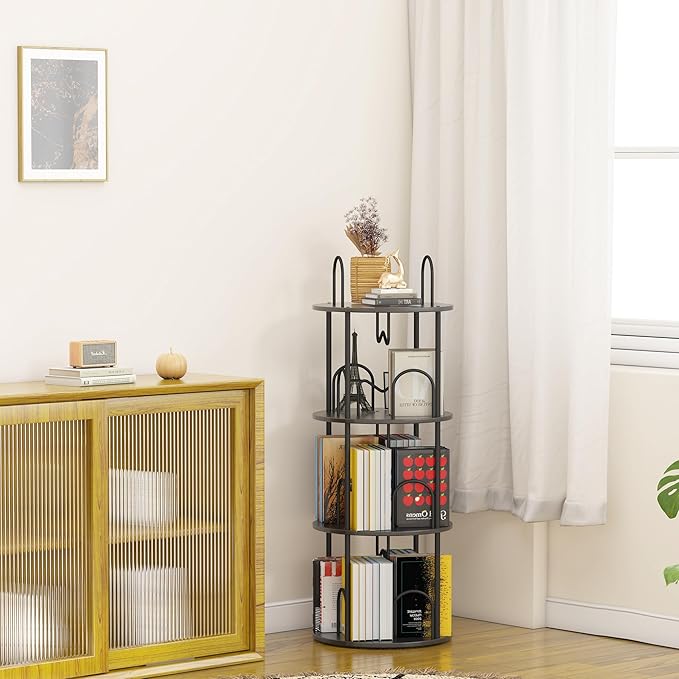 3 Tier Rotating Bookshelf, 360° Spinning Bookshelf Tower, Round Narrow Space Saving for Books and Display, Revolving Bookcase Corner Tall Book Shelf for Small Spaces, Bedroom, Living Room, Black
