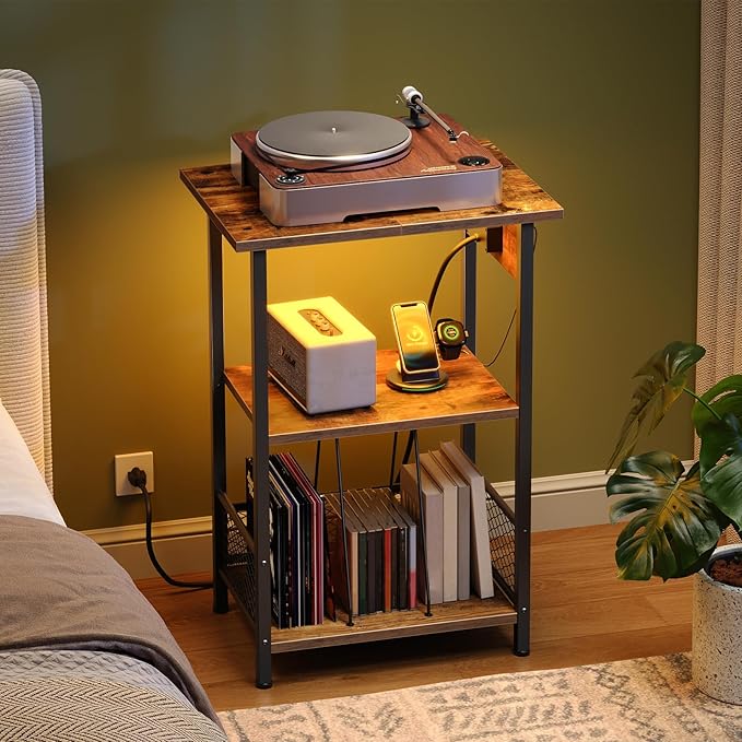 HOOBRO Record Player Stand with Charging Station and LED, Turntable Stand with Storage, 3 Tier End Table Hold Up to 100 Albums, Record Table for Vinyl, Living Room, Rustic Brown and Black BF06UDRS01