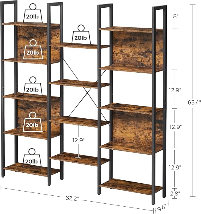 VASAGLE 5-Tier Bookcase with 14 Shelves, Book Shelf with Metal Frame, Bookshelf for Living Room, Home Office, Industrial Style, 9.4 x 62.2 x 65.4 Inches, Rustic Brown and Black ULLS107B01