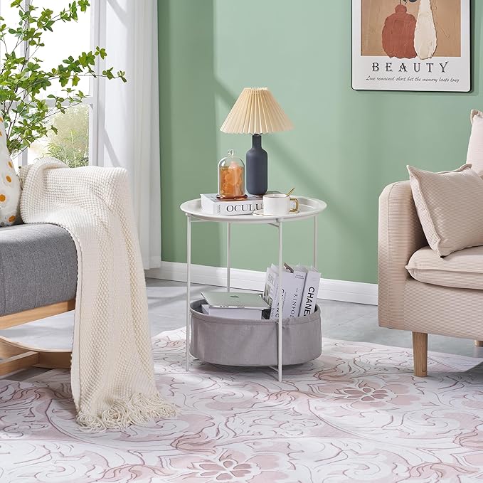 VECELO Round Side/End Table with Fabric Storage Basket，Metal Anti-Rust and Waterproof Small Bedside Nightstand with Removable Tray Top for Living Room，Balcony & Laundry，Beige/1pcs with Basket