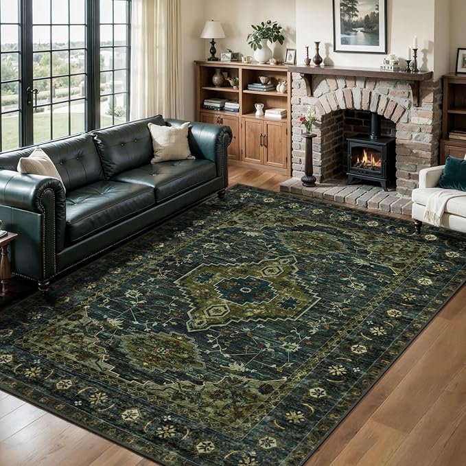 Tangsoo 5x7 Area Rug Washable Rug for Living Room, Vintage Indoor Non Slip Large Area Rugs, Print Distressed Rust Carpet, Soft Low Pile Foldable Floor Rug for Bedroom Dining Room Dorm Olive Green