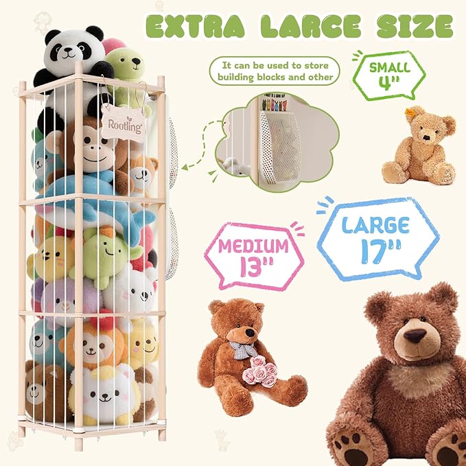 Stuffed Animal Storage & Organizer, 54 inch Tall Wooden Cute Zoo Toy Holder w/Building Block Storage Bag, Premium Wooden Material with Elastic Cord For Toddler Rooms, Playrooms & Bedrooms