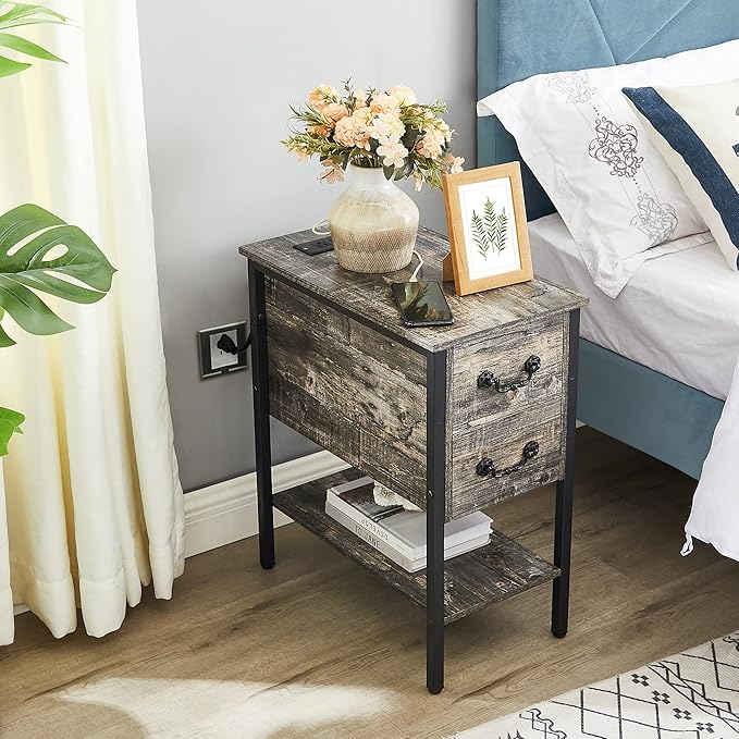VECELO End Tables,Narrow Nightstands with Charging Station & USB Ports &Drawers,Night Stand for Living Room, Bedroom,Misty Gray