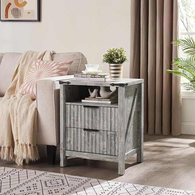 Grey Nightstand with Charging Station Set of 2-20 Inch Wide Farmhouse Fluted Bedside Table with 2 Drawers, Modern Wood End Side Table for Bedroom Study Storage Home