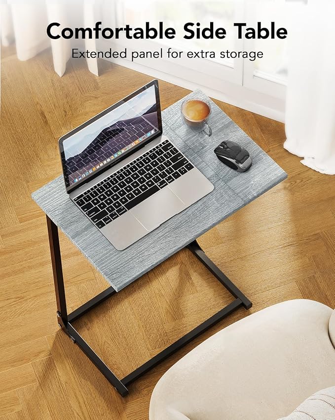 Pipishell C-Shaped Side Table, C-Table for Sofa, Couch Table with Metal Frame, Large Surface Sofa Table for Living Room, Bedroom, and Home Office, Rustic Design, PIET11G