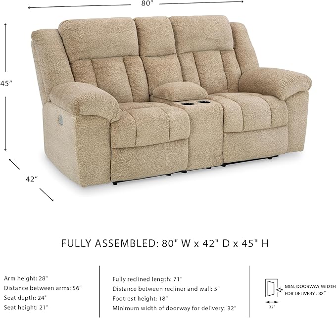 Signature Design by Ashley Tip-Off Classic Wall Hugger Power Reclining Loveseat with Adjustable Headrest, USB Ports, Storage and Cup Holders, Light Brown