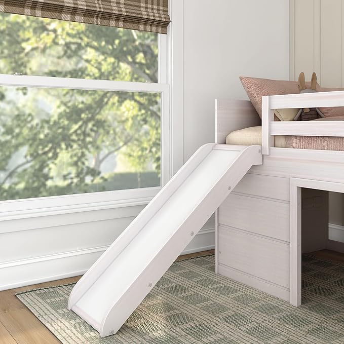 Max & Lily Loft Bed Twin Size, Solid Wood Low Loft Bed with Slide and Ladder, Modern Farmhouse Loft Bed for Kids, White Wash