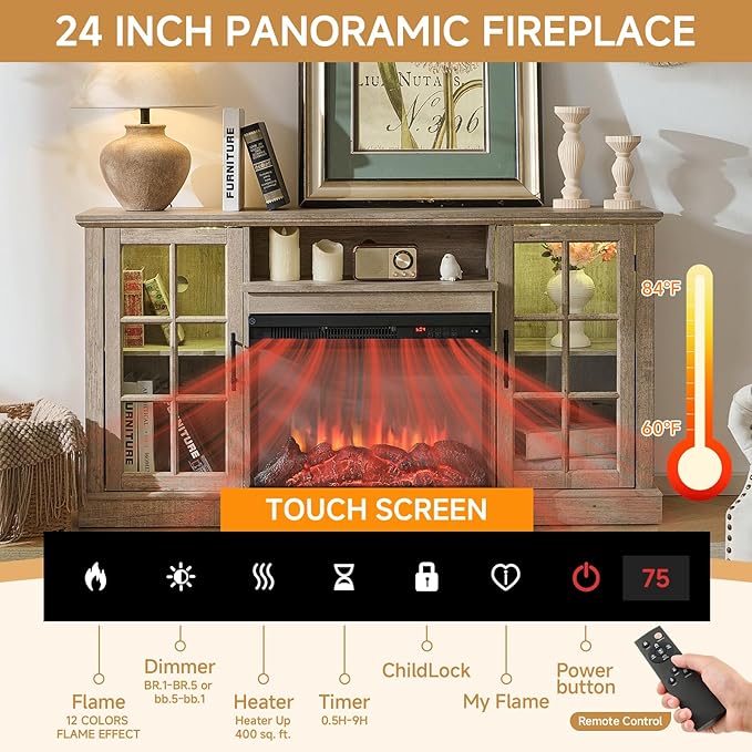 ROCKPOINT 3 Sided Glass 59" Fireplace TV Stand for TVs up to 65", Media Entertainment Center with Glass Door Storage Cabinet for Living Room,24" Electric Fireplace & Adjustable LED Light,Grey