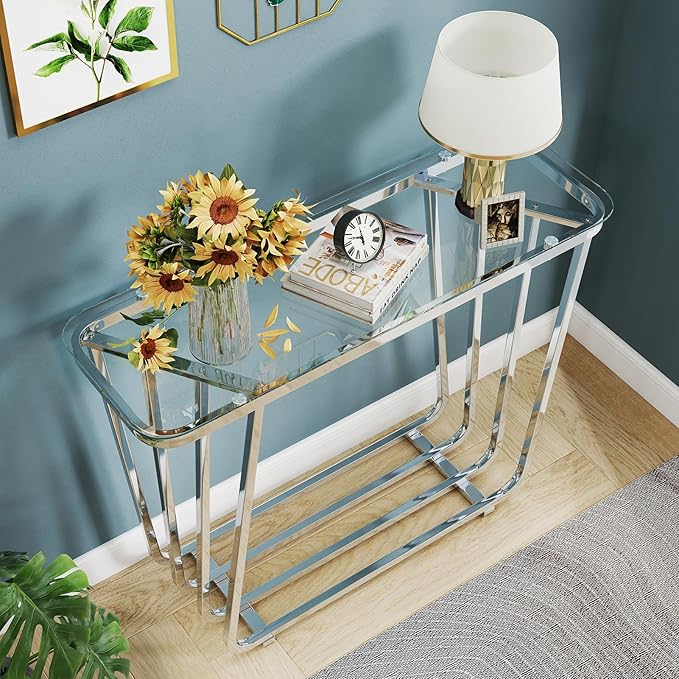 OIOG Glass Console Table for Entryway, Modern Entrance Table with Tempered Glass & Chrome Frame, Silver Sofa Table for Living Room Hallway