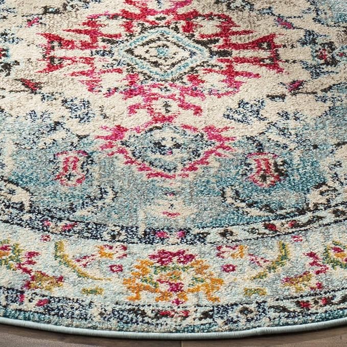 SAFAVIEH Monaco Collection Area Rug - 5' Round, Light Blue & Fuchsia, Boho Chic Medallion Distressed Design, Non-Shedding & Easy Care, Ideal for High Traffic Areas in Living Room, Bedroom (MNC243J)