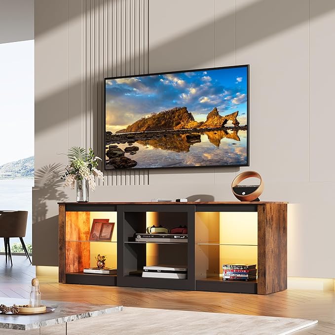 WLIVE LED TV Stand for 65 Inch TV, Modern Entertainment Center with Adjustable Glass Shelves & Customizable LED Lights, Sturdy Media Console for Living Room, Bedroom,Gaming (Brown)