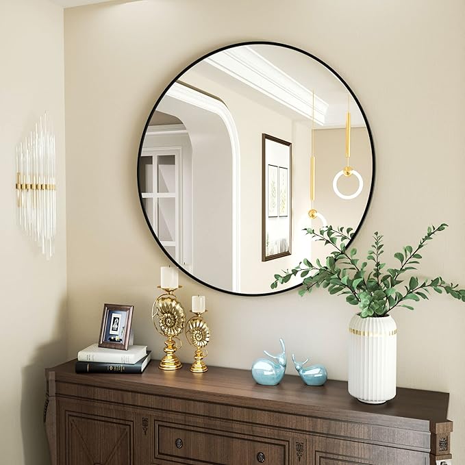 Round Mirror 15.7" Black Wall Mounted Circle Mirrors Vanity Mirror with Aluminum Alloy Frame Modern Decoration for Bathroom, Living Room, Vanity, Bedroom, Entryway