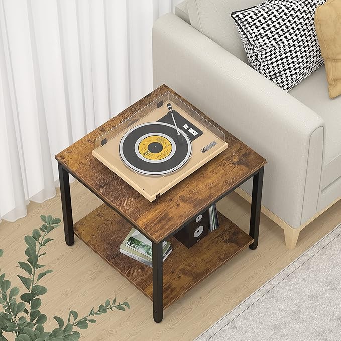 Homieasy Side Table 20 Inch Square, 2-Tier Coffee Tea End Table Nightstands for Sofa Couch Bed, Metal Wood Accent Modern Simple Industrial Style Side Table for Living Room Bedroom, Rustic Brown