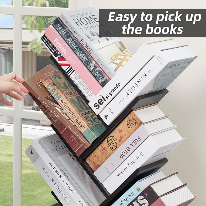 10 Tier Tree Book Shelf, Floor Standing Wood Bookshelf for Narrow Space, Storage Organizer Bookshelves for Books/CDs/Magazine, Bookcase with Shelves for Home Office, Living Room - Black