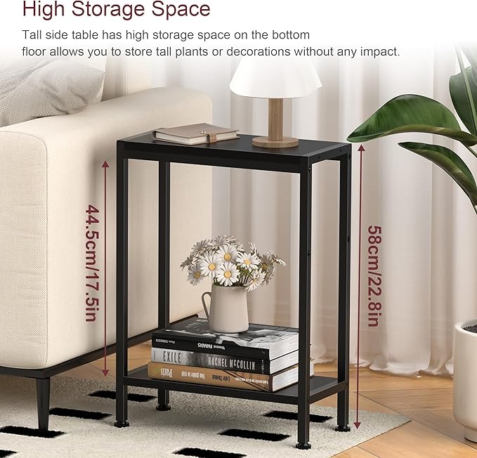 Narrow Side Table for Small Space Set of 2,2-Tier Small End Table with Shelf Holder, Slim Nightstand, Skinny Snack Couch Table in Living Room, Bedroom, Study, Kitchen and Balcony（Black