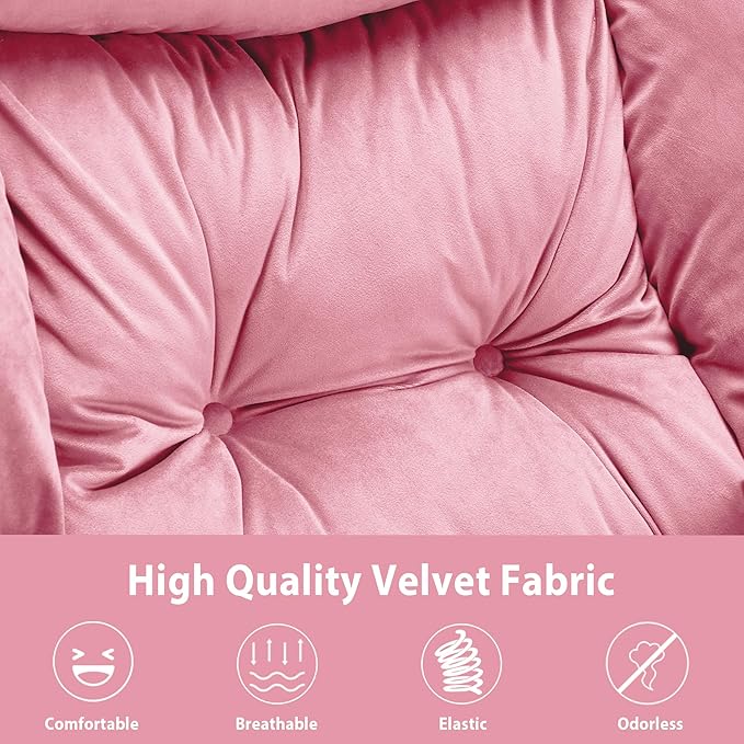 Lazy Chair Thick Padded, Comfy Velvet Accent Lounge Chair with Stable Frame, Leisure Sofa Armchair with Armrests and Side Pocket, Reading Chair for Bedroom, Living Room, Office, Pink