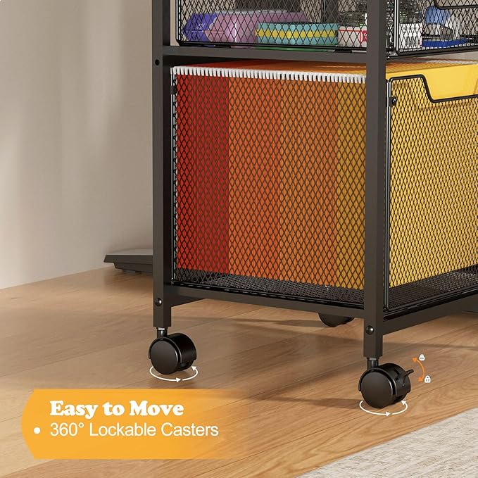 Rolling File Cabinet Cart, Printer Stand with Storage Drawer, Mobile Filing Cabinet on Lockable Wheel, Printer Cart with Hanging File Folder Organizer Beside Under Desk for Office Home(Patent Pending)