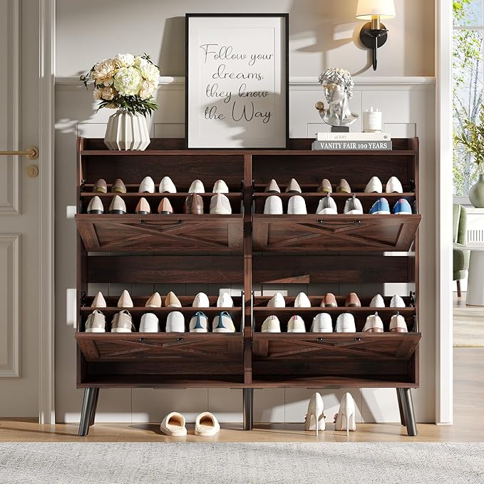 Maupvit Large Shoe Storage Cabinet with 4 Flip Drawers, Narrow Shoe Cabinet for Entryway with Wooden Legs, Freestanding Hidden Shoe Rack Organizer ＆ Metal Hinges, Walnut