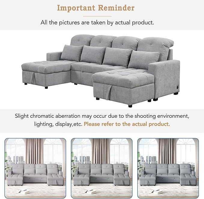 Ball & Cast 110.2" Oversized Versatile Sectional Sleep Sofa with Two USB Ports,U-Shape 4 Seat Pull-Out Couch w/Double Storage Chaise Lounges,for Living Room,Apartment,Office,Gray