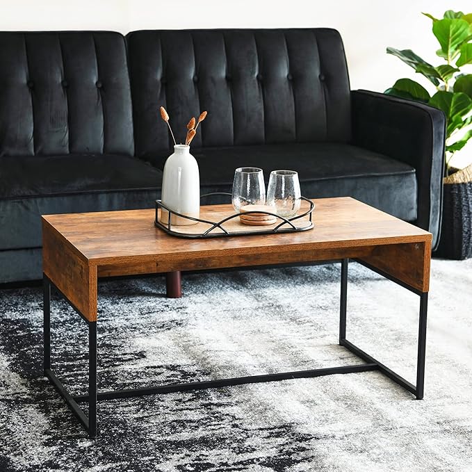 Household Essentials Wrap Rectangular Coffee Table Rustic Hickory Wood Grain and Black Metal
