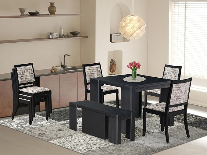 X02X2-206-30 5-pc Dining Room Table Set a Rectangular Kitchen Table and 2 Benches and 2 Wire Brushed Black Polyester Stackable Chairs, 39x120 Inch, Wire Brushed Black