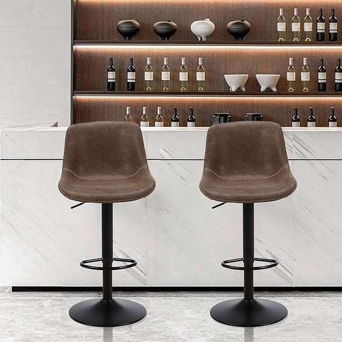 Bar Stools, Swivel Counter Height Barstools with Back, Adjustable Modern Bar Chairs, Tall Armless PU Leather Kitchen Island Stool (Brown, Set of 3)