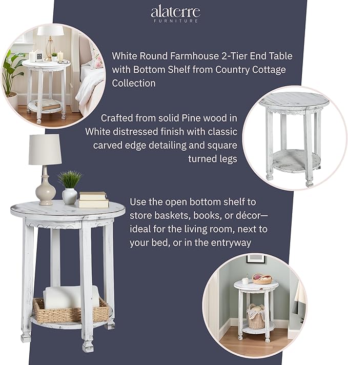 Rustic Cottage Round End Table w/ 1 Shelf, White Antique, 20" x 20" x 24", Farmhouse Style - Unique Accent Piece, Constructed of Select Hardwoods/Composite Wood, End Table w/ Drawer & Shelf