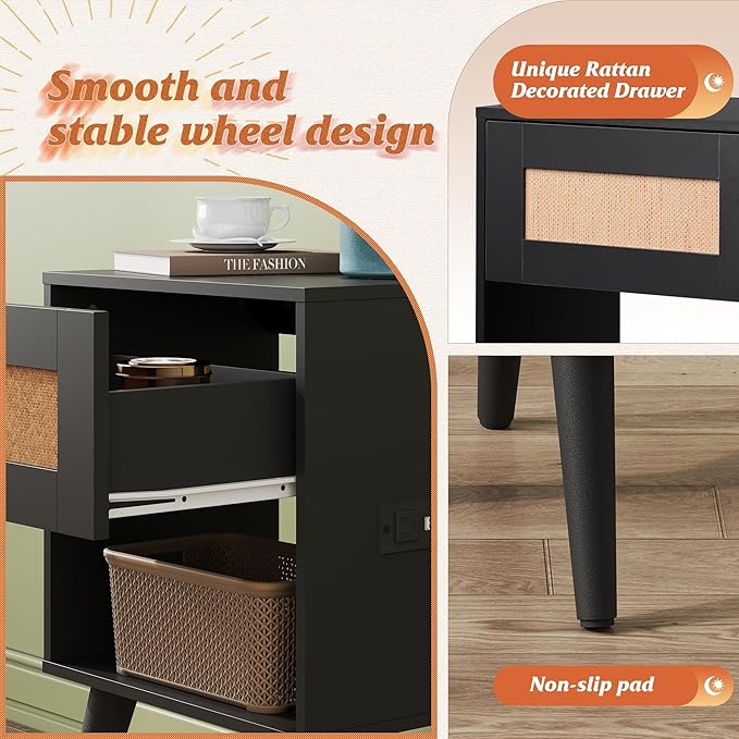 WLIVE Black Rattan Night Stand with Charger Station, Small Side Table Drawer Storage and Shelf, Mid Century Nightstands with Rattan Decor, Small Side Table for Bedroom, Black