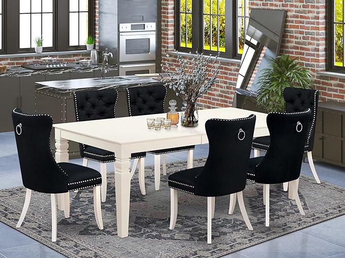 East West Furniture LGDA7-LWH-24 7 Piece Dining Set Includes a Rectangle Kitchen Table with Butterfly Leaf and 6 Polyester Fabric Upholstered Chairs, 42x84 Inch, linen white