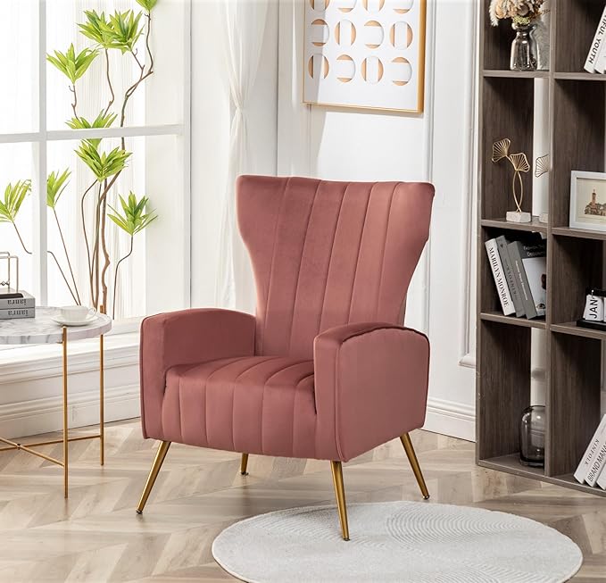 Container Furniture Direct Modern Velvet Accent Chair, Channel Tufted Bedroom, Office or Living Room Furniture with Elegant Metal Legs, 26" Wide Armchair, Rose