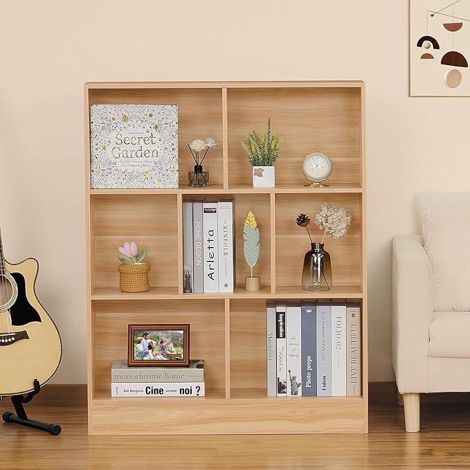 LEYAOYAO 7 Cube Bookshelf with Base,3 Tier Mid-Century Modern Natural Bookcase,Standing Wide Bookshelves Storage Organizer Shelf,Rustic Wood Display Cabinet Book Shelves for Bedroom,Living Room,Office