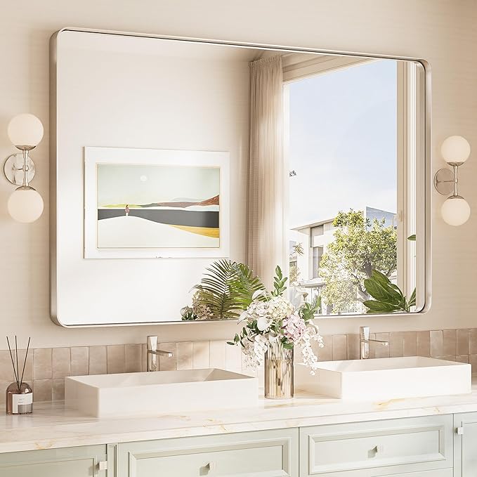 TokeShimi 55x36 Brushed Nickel Bathroom Wall Mirror Vanity Metal Frame Round Corner Rectangular for Home Decor Living Room Entryway