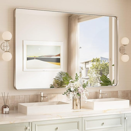 TokeShimi 55x36 Brushed Nickel Bathroom Wall Mirror Vanity Metal Frame Round Corner Rectangular for Home Decor Living Room Entryway