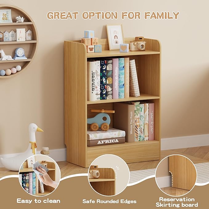 Lkeiyay Kids Bookshelf and Toy Storage Organizer, 3-Tier Wood Montessori Shelf for Bedroom, Playroom, Nursery, Classroom (Natural)