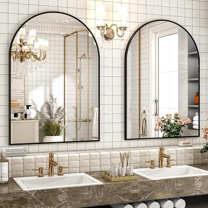 30x38 Inch Arched Bathroom Mirror - Black Metal Frame Wall Mounted Vanity Mirror for Bathroom, Bedroom, Living Room, Hanging or Leaning Decorative Mirror