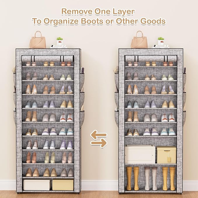 Covered Shoe Rack Tall Metal Shoes Rack Organizer for Entryway Garage Closet Tall Shoe Shelf Shoe Storage Cabinet Free Standing Large Garage Shoes Racks Organizer (23.6 L x 11.8W)