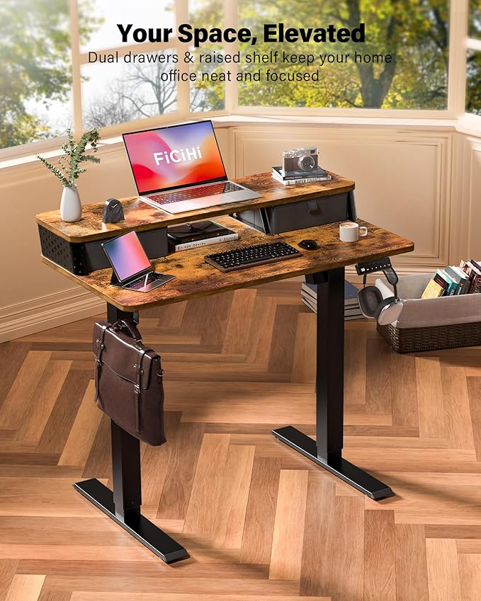 40x24 Inch Standing Desk with Double Drawers,C-Clamp Mount Compatible,Electric Adjustable Height Computer Stand Up Desks, Home Office Sit Stand Table with 3 Preset Heights & Hooks, Rustic Brown