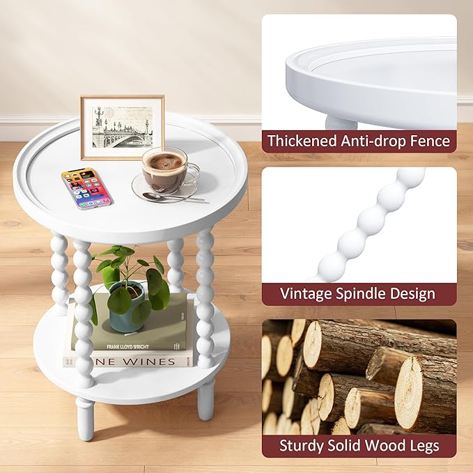 Gadroad Round End Table with Storage Shelf, 2 Tier Couch Side Table, Wood Coffee Table for Living Room, Bedroom, White 19.3 * 19.3 * 25.6 inches