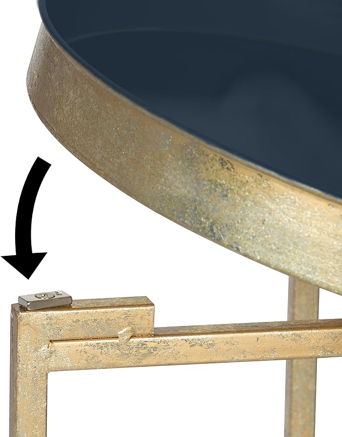 Kate and Laurel Celia Round Metal Foldable Tray Accent Table, Navy Blue with Gold Base