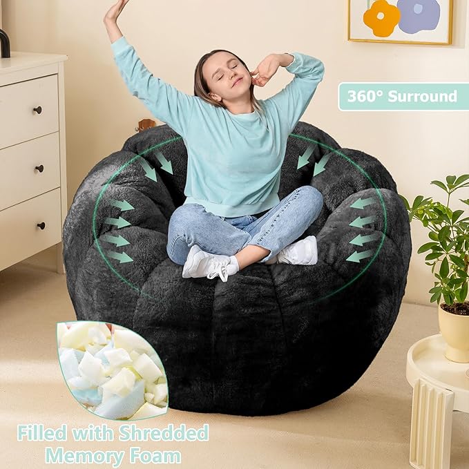Pumpkin Bean Bag Sofa Chair for Adult, Beanbag Couch with Filler for Reading and Relaxation, Comfy and Lazy Sofa for Dorm, Apartment, Living Room and Bedroom, Black